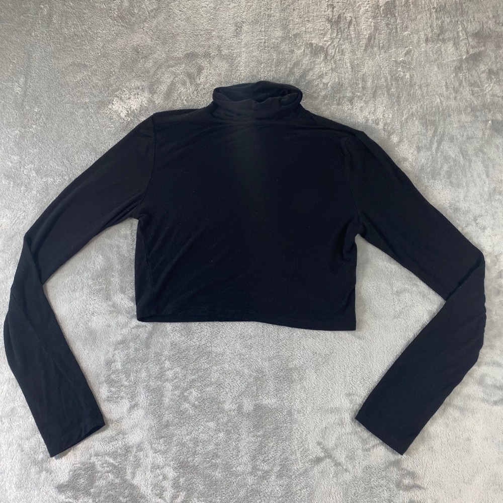 Double Zero Crop Top Women Small Black Turtleneck Chic‎ Long Sleeve DZ20G932